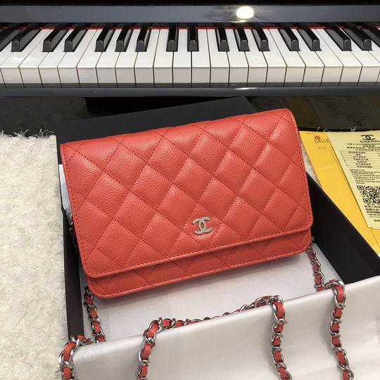 Chanel Classic Wallet on Chain in Coral Red Quilted Grained Leather