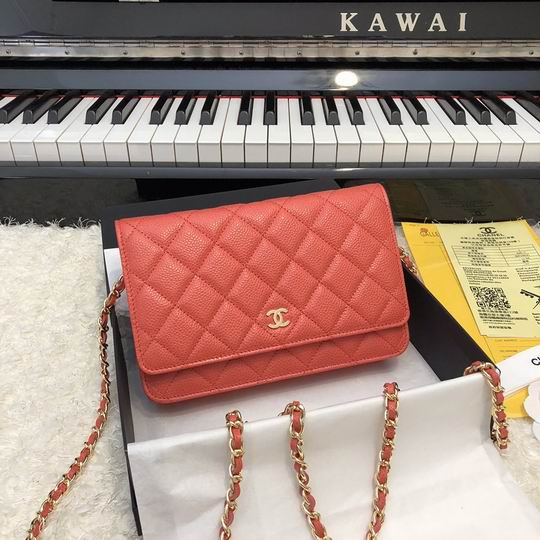 Chanel Classic Wallet on Chain in Coral Red Quilted Grained Leather