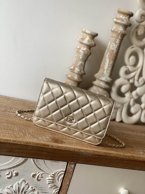 Chanel Wallet on Chain Crossbody Bag in Light Gold Quilted Metallic Leather