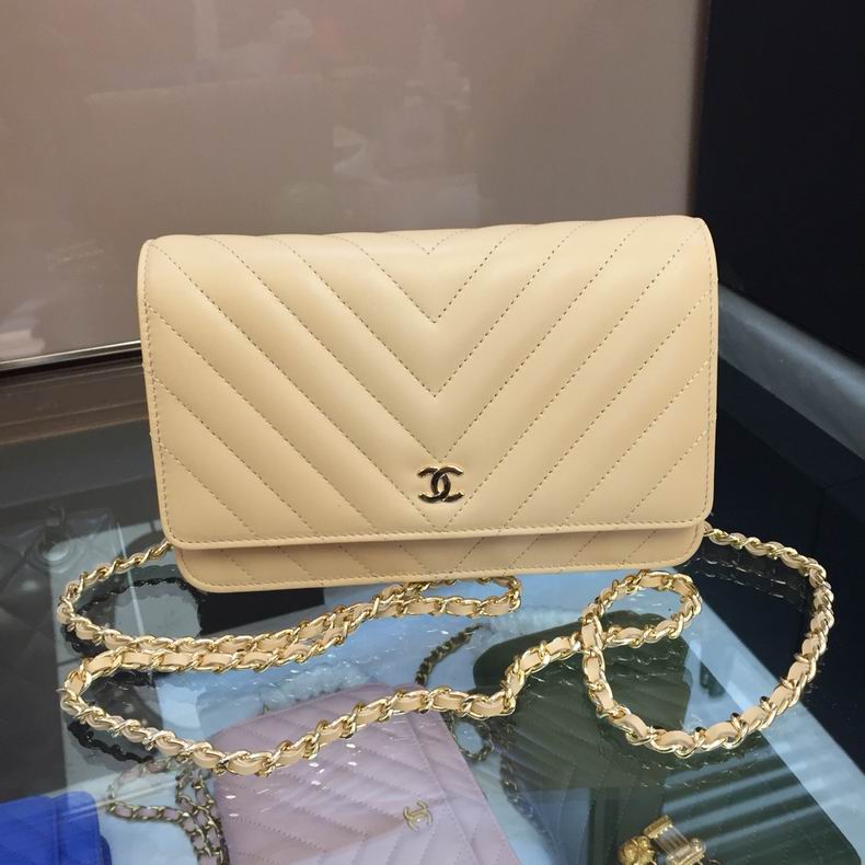 Chanel Wallet on Chain Crossbody in Beige Chevron Quilted Leather