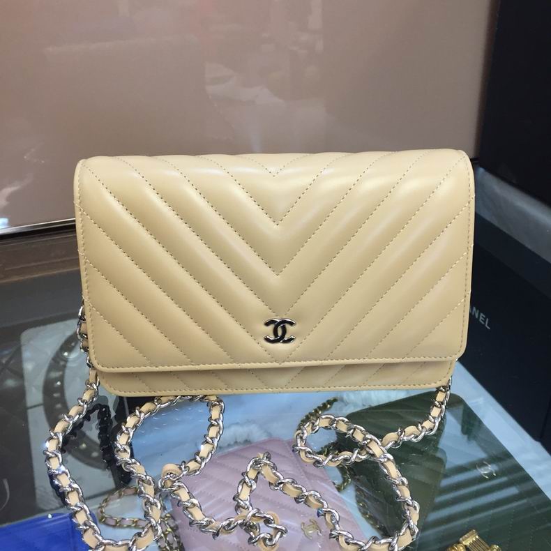 Chanel Chevron Wallet on Chain Crossbody Bag in Beige Lambskin Leather