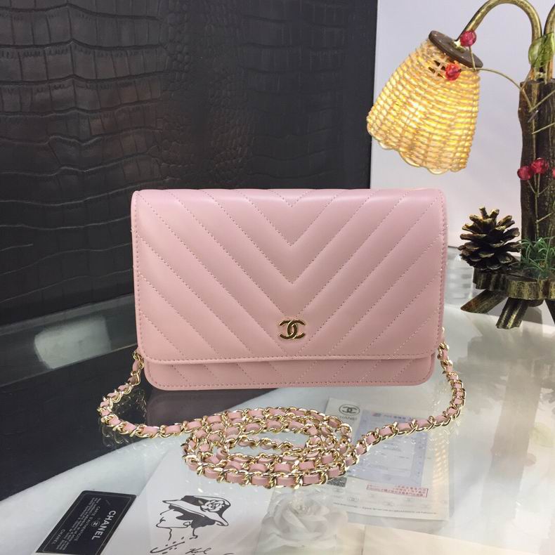 Chanel Wallet on Chain Crossbody Bag in Pink Chevron Quilted Leather