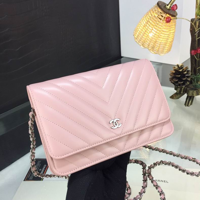 Chanel Wallet on Chain Crossbody in Light Pink Chevron Quilted Leather