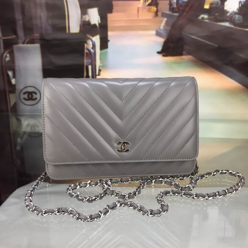 Chanel Wallet on Chain WOC Chevron Flap Crossbody Bag in Gray Lambskin