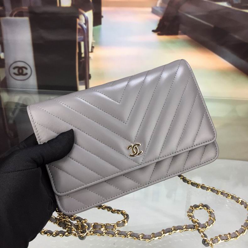 Chanel Wallet on Chain Crossbody Bag in Gray Chevron Lambskin with Gold Chain