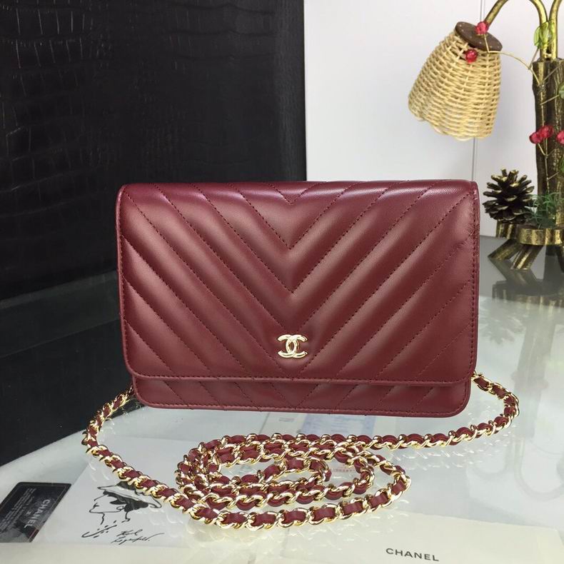 Chanel Wallet on Chain Chevron Crossbody Bag in Burgundy Lambskin