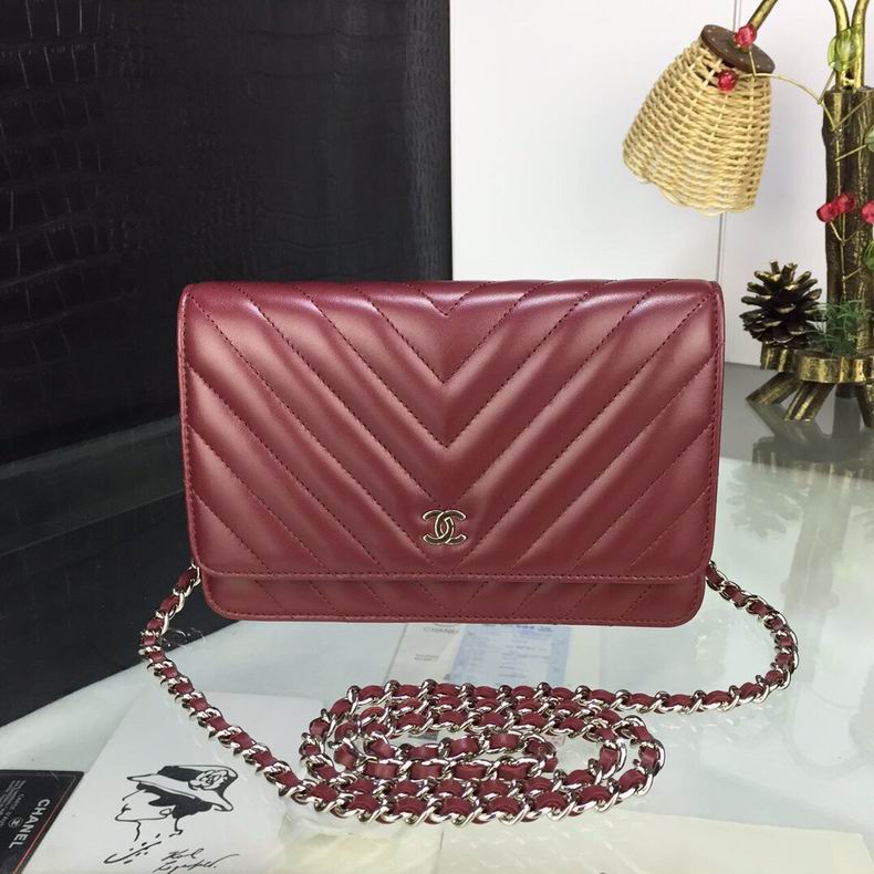 Chanel Wallet on Chain Crossbody in Burgundy Chevron Quilted Leather