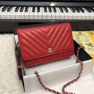 Chanel Wallet on Chain Crossbody Bag in Red Chevron Quilted Leather