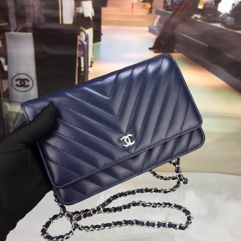 Chanel Wallet on Chain Chevron Quilted Crossbody Bag in Navy Lambskin