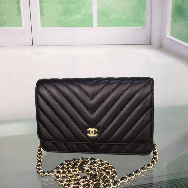 Chanel Wallet on Chain Chevron Crossbody Bag in Black Lambskin with Gold Chain