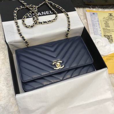 Chanel Wallet on Chain WOC in Navy Chevron Quilted Leather with Gold Hardware