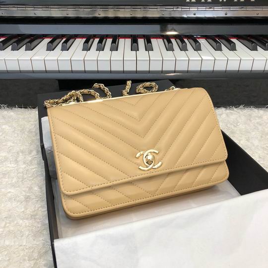 Chanel Wallet on Chain Chevron Quilted Crossbody Bag in Beige Lambskin