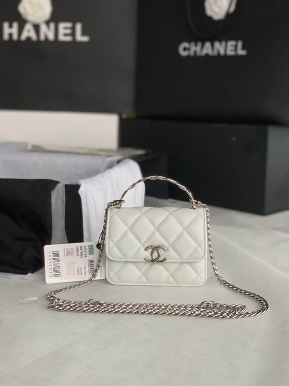 Chanel AP2758 Mini Top-Handle Flap Bag with Chain in White Quilted Lambskin
