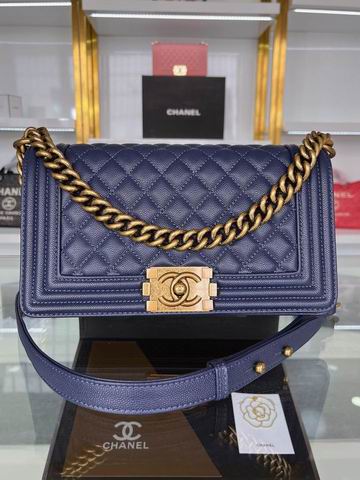 Chanel Boy Bag Old Medium Flap in Navy Quilted Grained Calfskin, Aged Gold