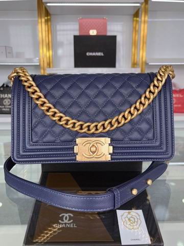 Chanel Boy Old Medium Flap Bag in Navy Grained Calfskin with Antique Gold