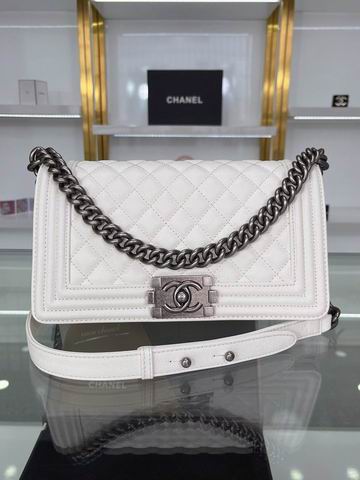 Chanel Boy Bag Old Medium Flap Bag in White Quilted Grained Leather