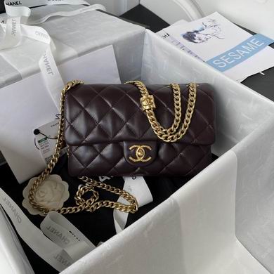 Chanel AS3393 Quilted Flap Shoulder Bag in Dark Brown Leather with Gold Chain