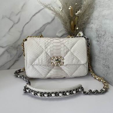 Chanel 19 Medium Flap Bag in White Python-Effect Leather with Mixed Metal Chain