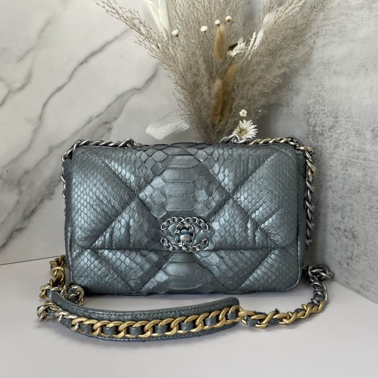 Chanel 19 Medium Flap Bag in Metallic Blue-Gray Python-Embossed Leather
