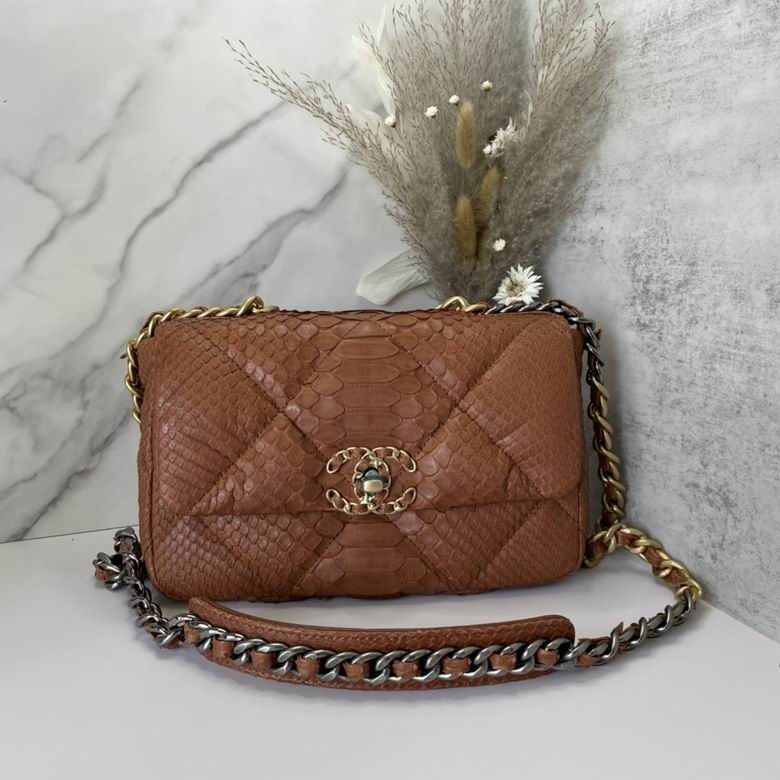 Chanel 19 Medium Flap Bag in Tan Brown Python-Embossed Leather