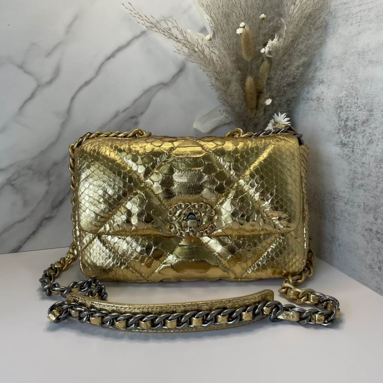 Chanel 19 Small Flap Bag in Metallic Gold Python-Embossed Leather