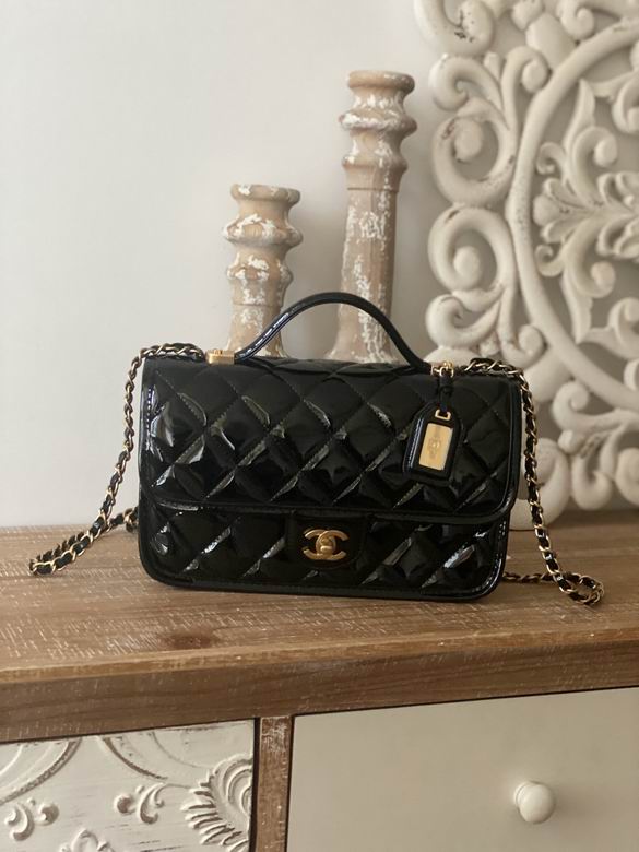 Chanel Quilted Top-Handle Flap Bag in Black Patent Leather with Gold Chain