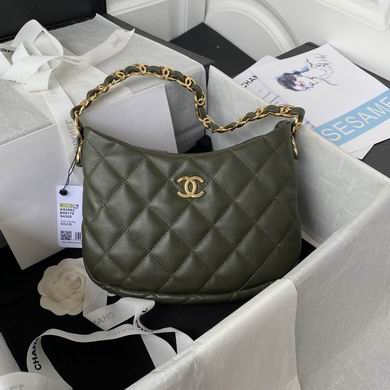 Chanel Small Hobo Bag with Woven Chain Strap in Olive Green Quilted Leather