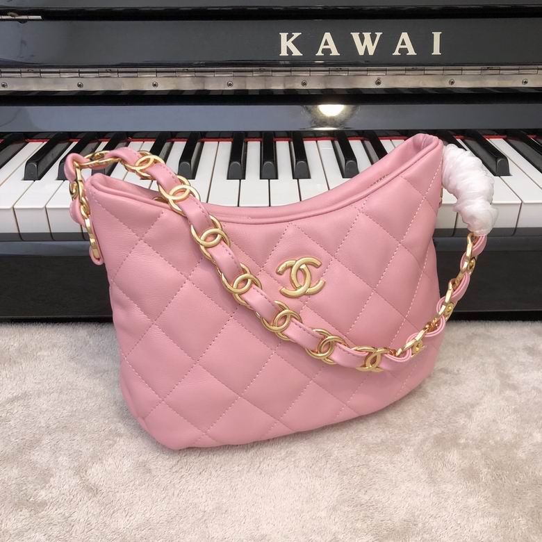 Chanel Quilted Hobo Shoulder Bag with Gold CC Logo and Chain Strap in Pink