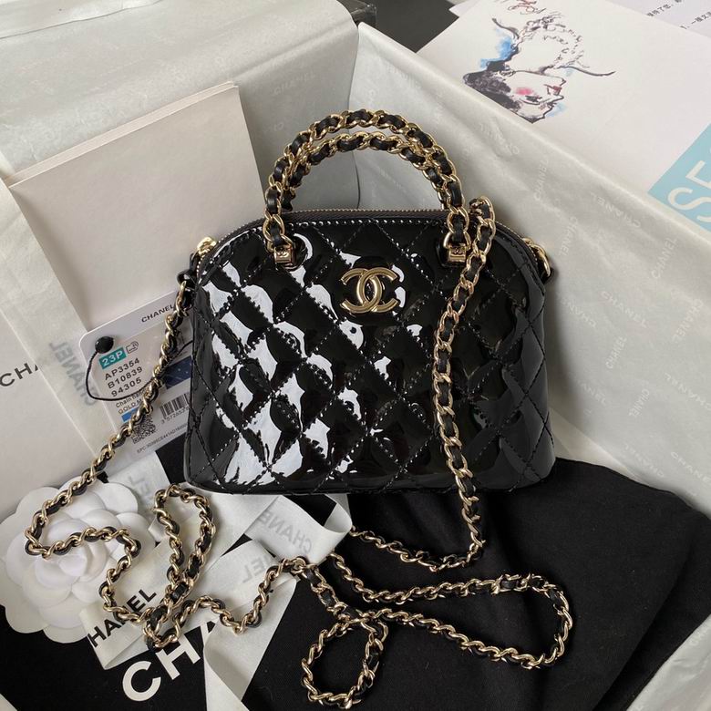 Chanel Mini Dome Top-Handle Bag with Chain in Black Quilted Patent Leather