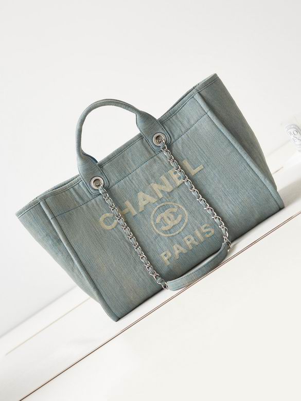Chanel Deauville Large Tote Bag in Blue-Gray Denim-Look Canvas with Chain Straps