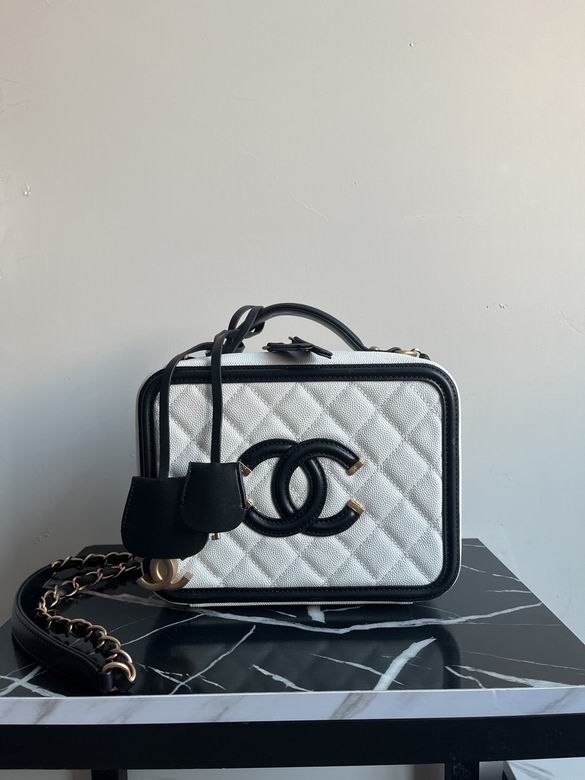 Chanel CC Filigree Small Vanity Case Bag in White and Black Caviar Leather