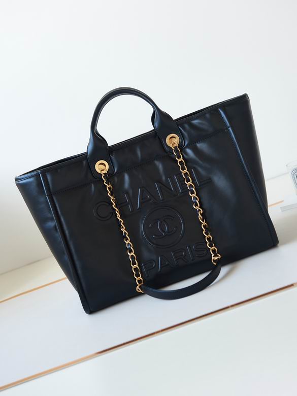 Chanel Deauville Large Shopping Tote in Black Calfskin with Gold Chain