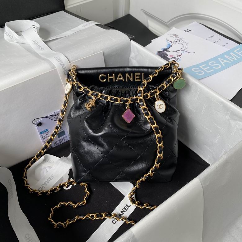 Chanel 22 Mini Drawstring Bucket Bag in Black Quilted Leather with Charms