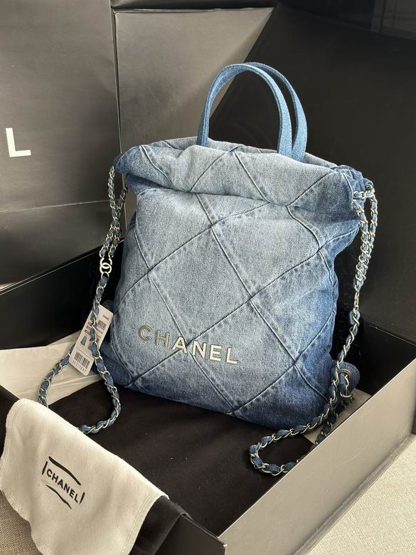Chanel 22 Small Backpack Tote in Blue Denim with Silver-Tone Chain Straps