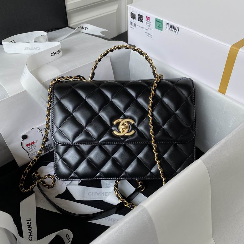 Chanel AS3908 Quilted Flap Bag with Top Chain Handle in Black Leather