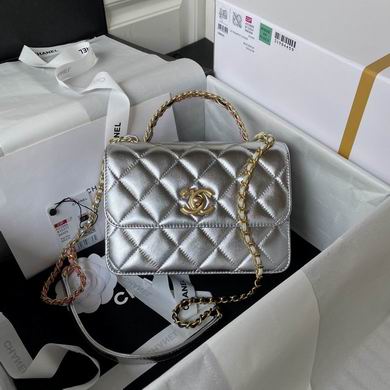 Chanel Mini Top-Handle Flap Bag in Silver Metallic Quilted Leather