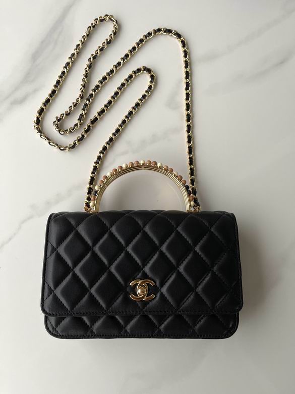 Chanel Wallet on Chain with Beaded Top Handle in Black Quilted Lambskin