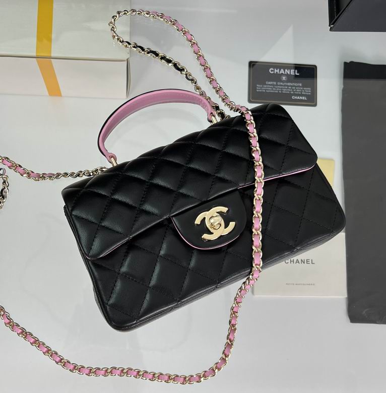 Chanel Mini Top-Handle Flap Bag in Black Quilted Lambskin with Pink Trim