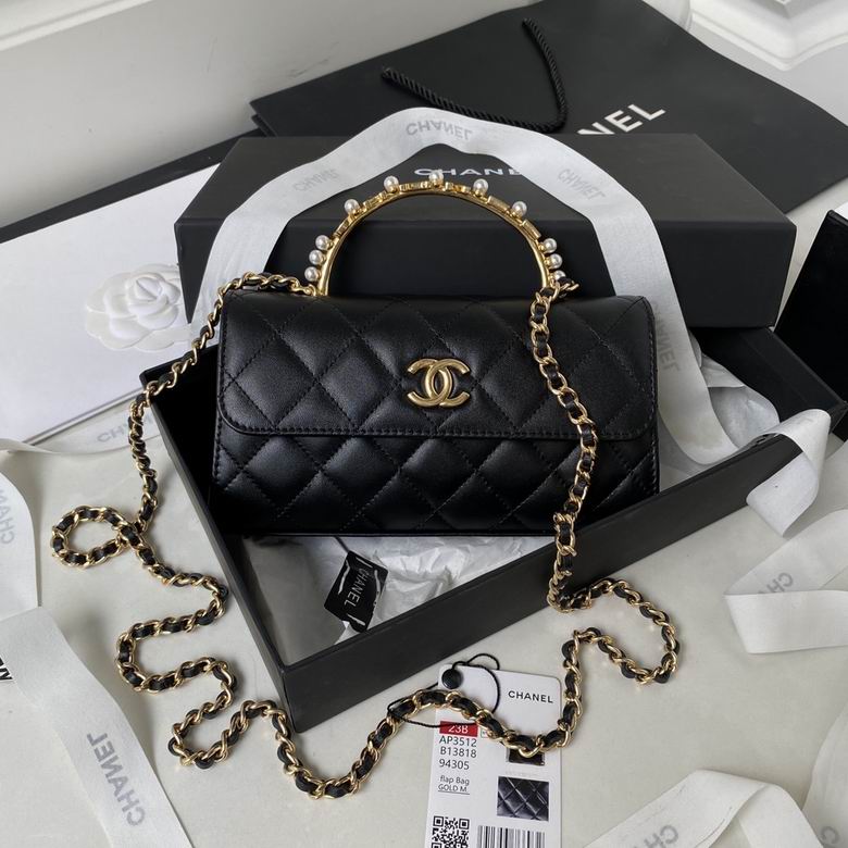 Chanel Mini Flap Bag with Pearl Top Handle in Black Quilted Lambskin