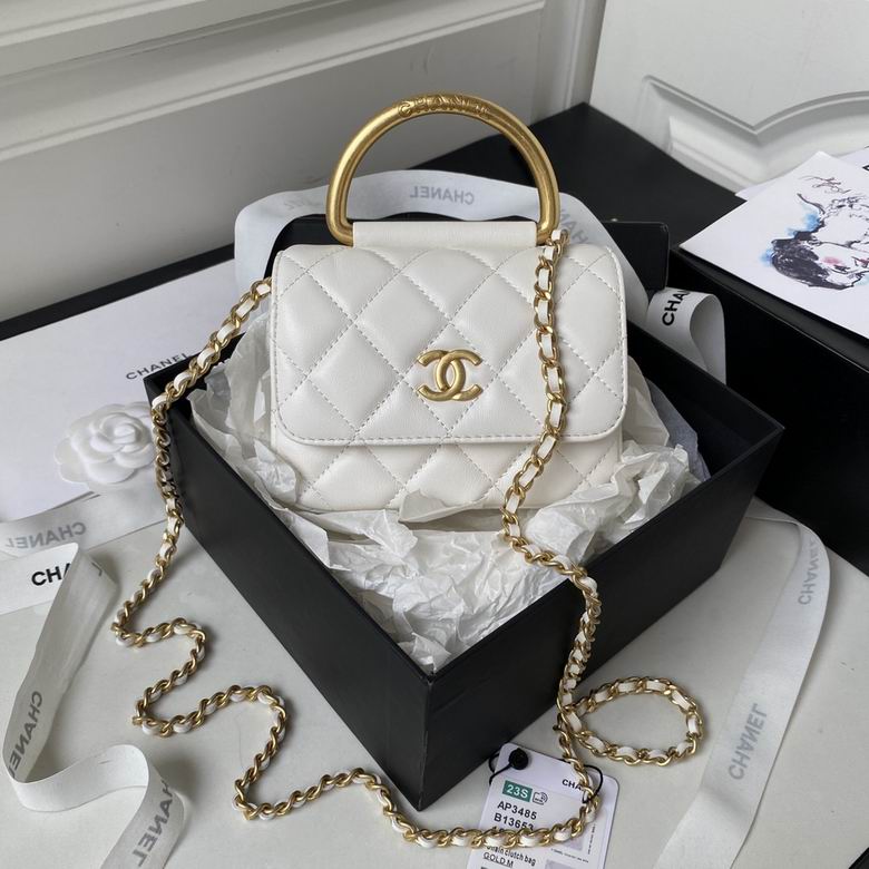 Chanel Mini Flap Clutch with Chain and Gold Top Handle in White Quilted Leather
