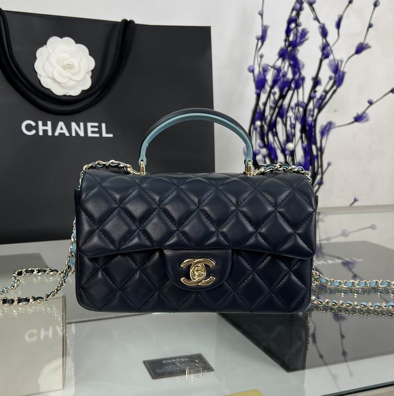 Chanel Mini Top-Handle Flap Bag in Navy Quilted Lambskin with Light Blue Handle