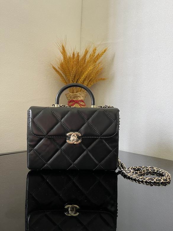 Chanel Small Top-Handle Flap Bag in Black Quilted Leather with Chain Strap