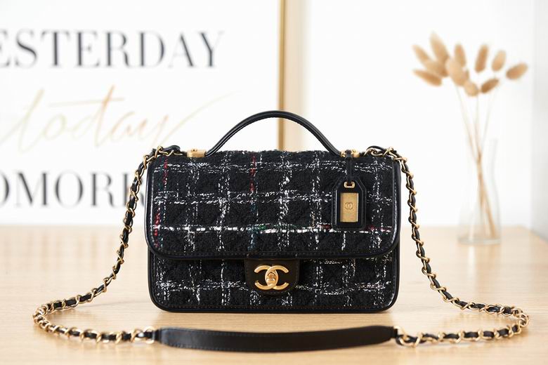 Chanel Top-Handle Flap Bag in Black and White Tweed with Gold CC Clasp