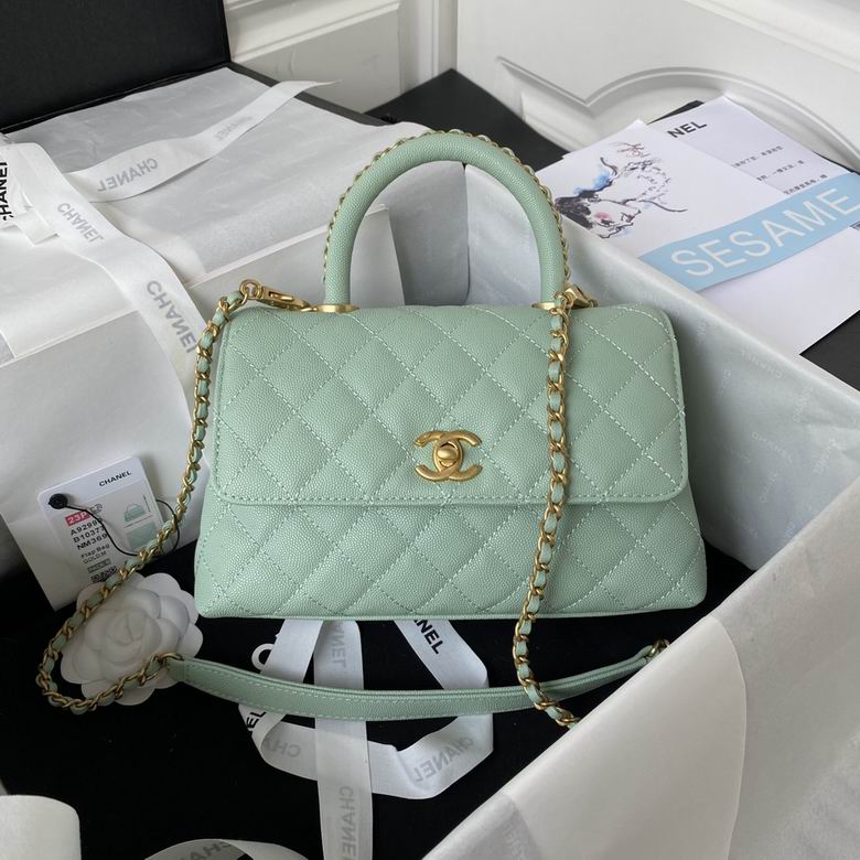 Chanel Coco Handle Small Flap Bag with Top Handle in Mint Green Grained Leather
