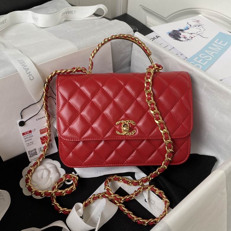 Chanel Quilted Flap Bag with Top Handle and Chain Strap in Red Lambskin
