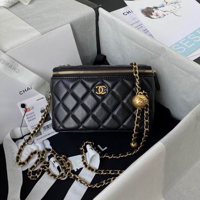 Chanel Small Vanity Case Crossbody Bag in Black Quilted Leather with Gold Ball