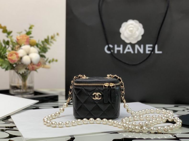 Chanel Mini Vanity Case with Pearl Chain in Black Quilted Leather