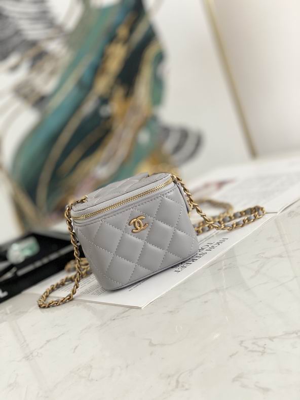 Chanel Mini Vanity Case Crossbody Bag in Gray Quilted Lambskin with Gold Chain