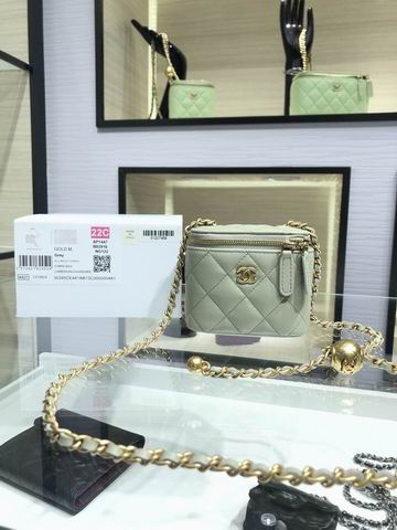 Chanel Mini Vanity Case with Gold Ball Chain in Grey-Green Quilted Lambskin