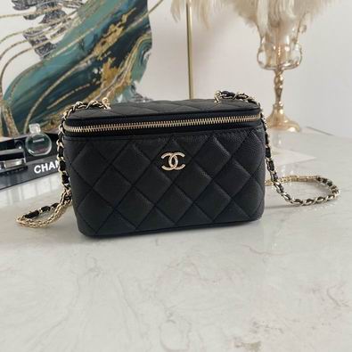 Chanel Small Vanity Case with Chain in Black Quilted Grained Leather